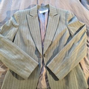 Tahari grey blazer with white and blue pinstripes