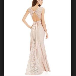 Elegant key hole back champagne colored lace dress