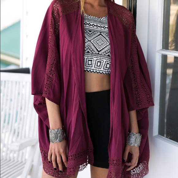 Burgundy lace trim Kimono.