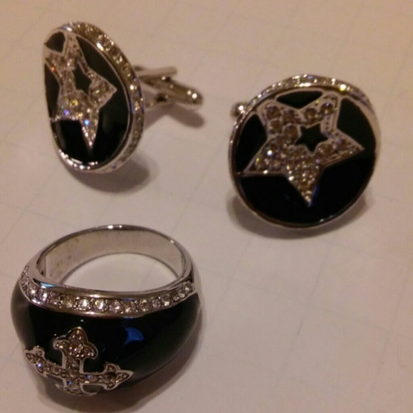 Mens black enamel and 925 silver ring, cufflinks