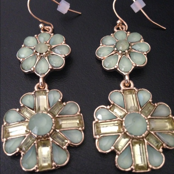 Gold Tone & Mint Green Flower Dangle Earring Set