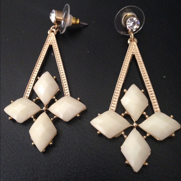 Gold Tone/Cream Ivory Acrylic Dangle Post Earring