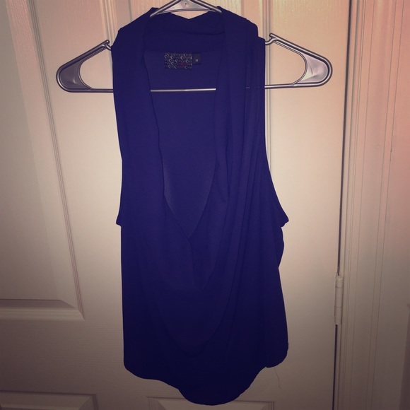 Sleeveless navy blue cowl/draped top