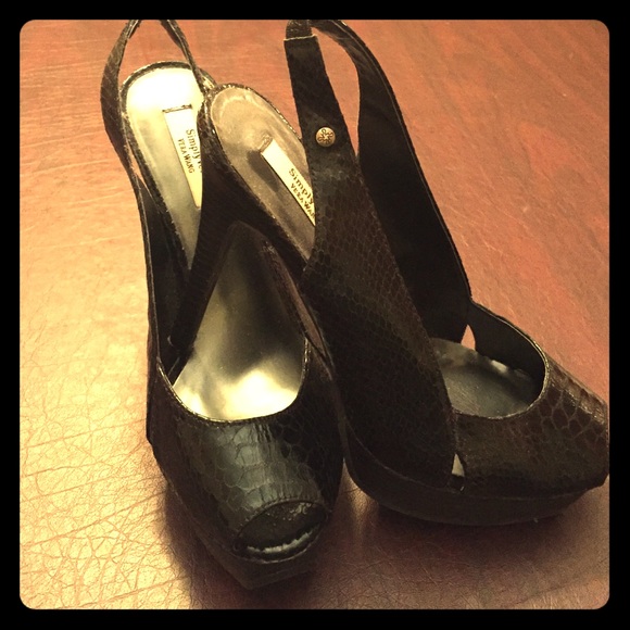 Vera wang snake patent leather sling backs