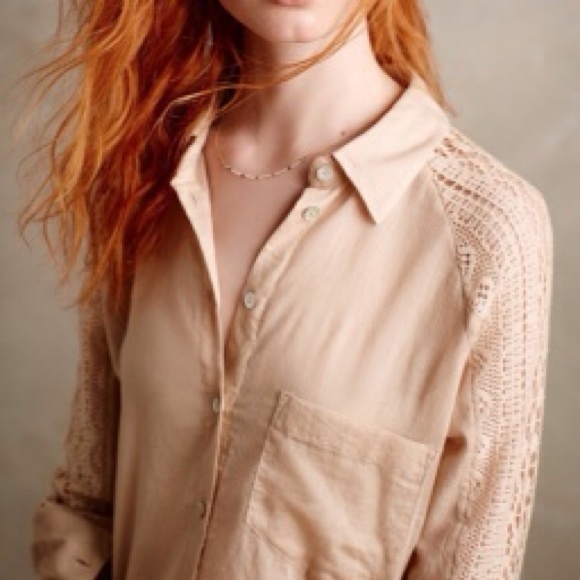 Anthropologie LACE-SLEEVE BUTTONDOWN - Sand/M/NWT!