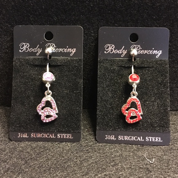 2 Pink & Red Hearts Navel Belly Rings Bundle