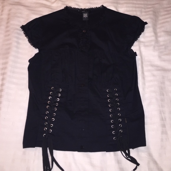 Black Tie String Top with Lace Trim