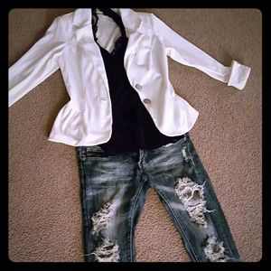 White cotton blazer,  black lace halter,  jeans