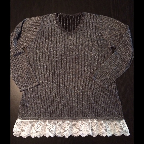 Oversized Dark Gray/Metallic V-neck Sweater