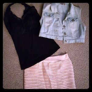 Jean vest,  lace halter,  peachy coral skirt