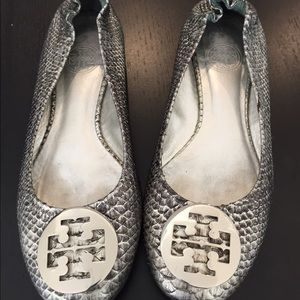 Silver snake skin Tori Burch flats