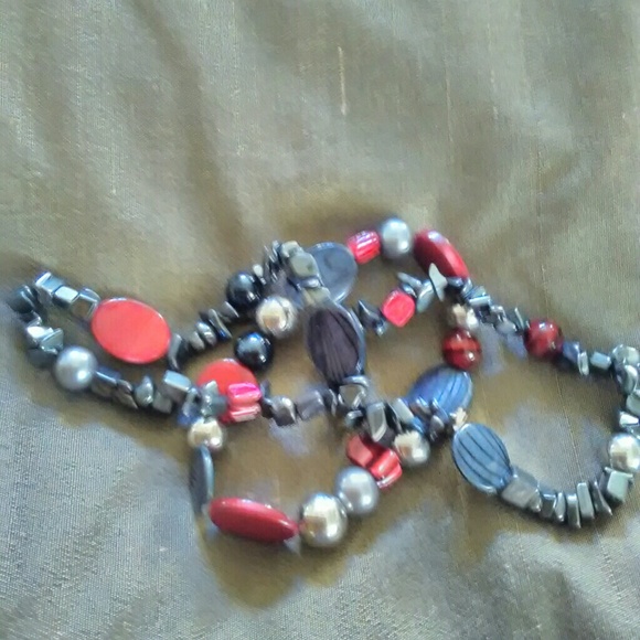 Hematite and red beaded bracelets