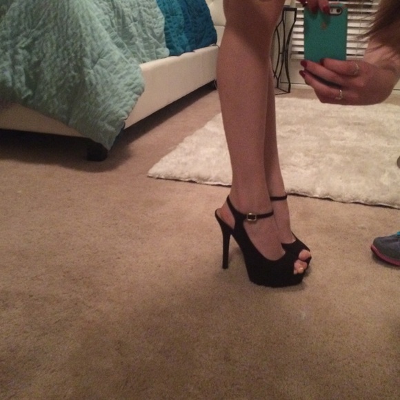 black suede open toed pumps (ankle straps)