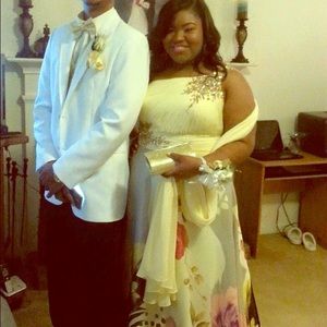 Sequin and floral print pale yellow prom dress