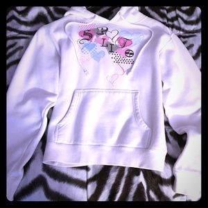 Split white hooded sweater with hearts