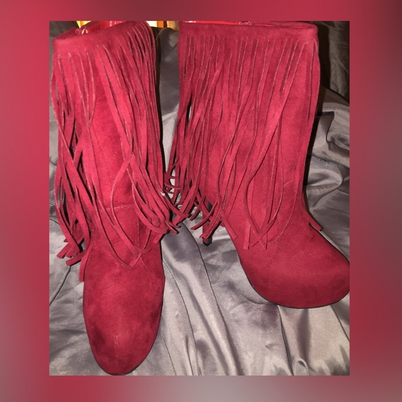 Red Suede Fringe Platform Ankle Boots