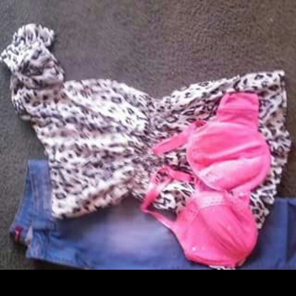 Xl leopard print top ...Capri size 15 an pink bra