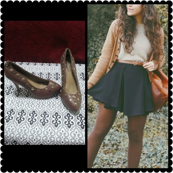Brown leather gold studded heels