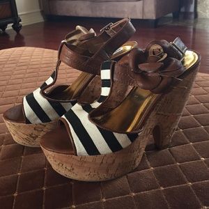 Black/White Striped Cork Platform Sandals