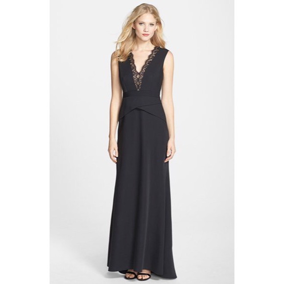 'Alyza' Lace Trim V-Neck Satin Gown