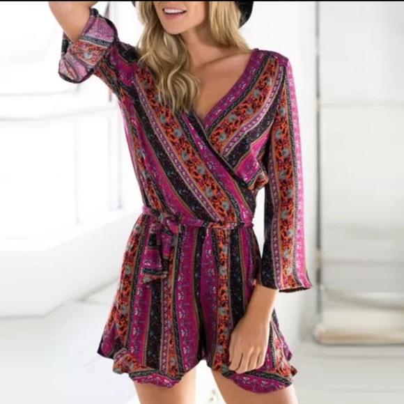 V-neck tribal print bell sleeved romper