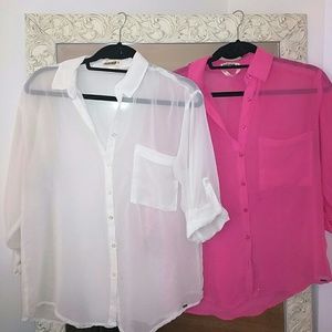 Two sheer, long button down shirts