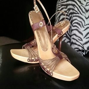 Gold shimmery n Brown leather heel