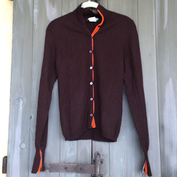Gorgeous chocolate cashmere cardigan- orange trim
