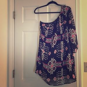B Sharp off the shoulder pink and blue Aztec dress