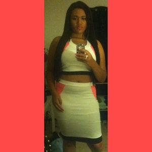 Two piece crop top high waisted skirt black pink