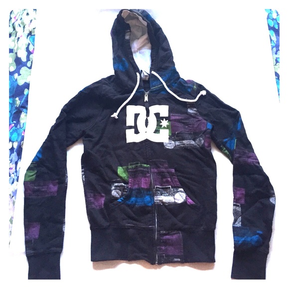 DC brand hoodie with boombox graphic print.