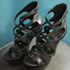 Bebe Adrianna Printed Leather Platform Sandals