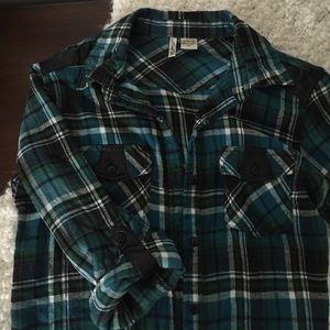 Black and Blue/Teal Plaid Flannel Top w/ Leather