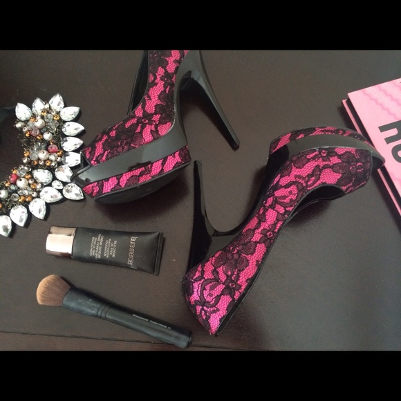 High heels  lace hot pink & black colored shoes