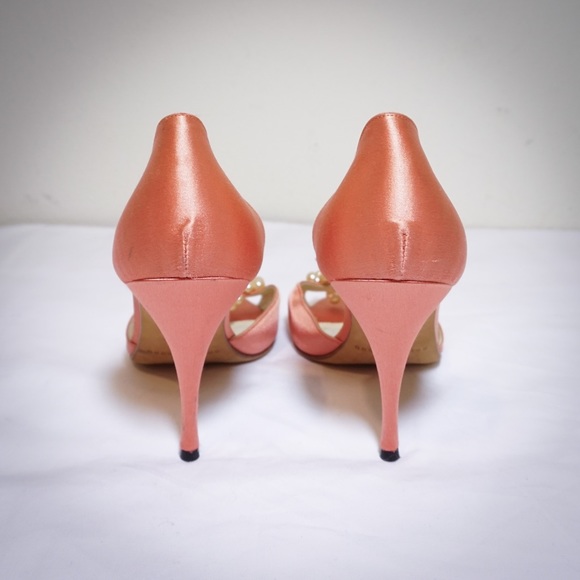 Coral satin stilettos with pearl detailing - Picture 3 of 4