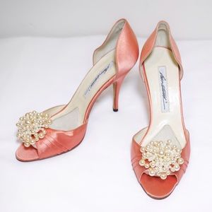 Coral satin stilettos with pearl detailing
