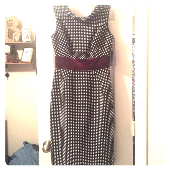 Black and white polka dot burgundy accent dress