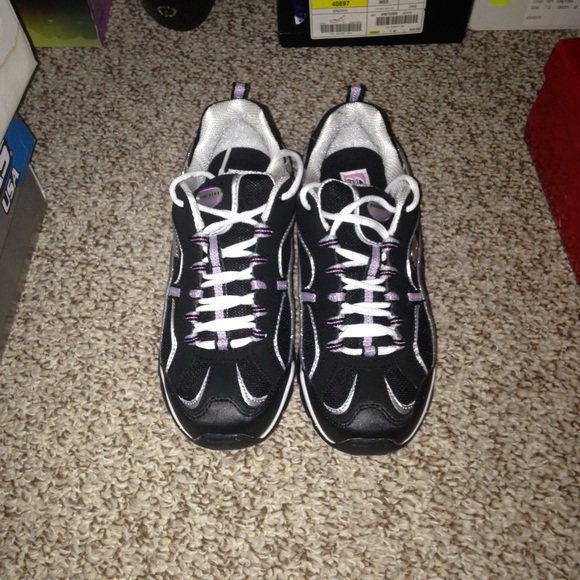 black, white, silver and pink skechers