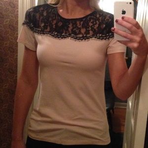 Blush top with black lace detail