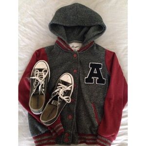Maroon button down varsity jacket