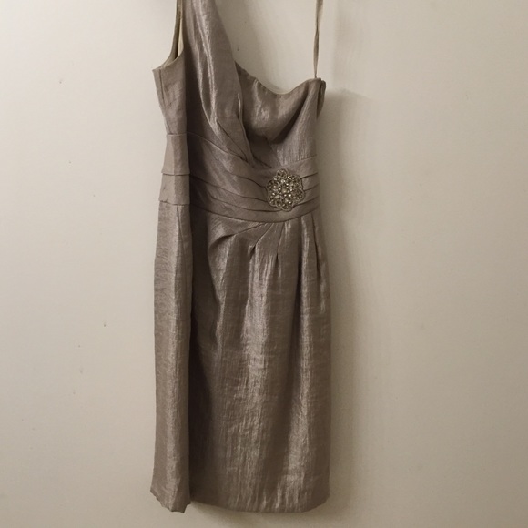 Tahari one shoulder gold dress