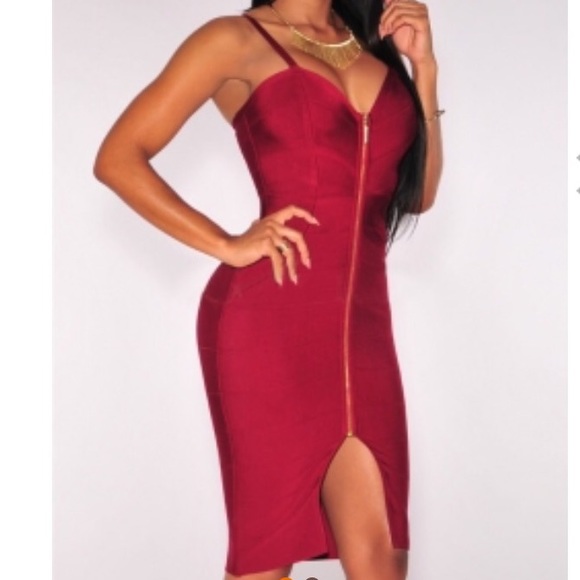 Wine color zipper bandage dress