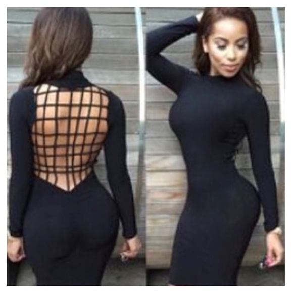 Black cage long sleeve midi dress/ Small only