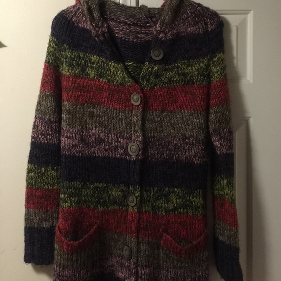Long hooded sweater.