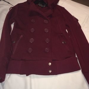 Burgundy Fleece Jacket with hood.