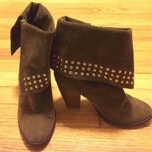 Army green faux suede studded booties