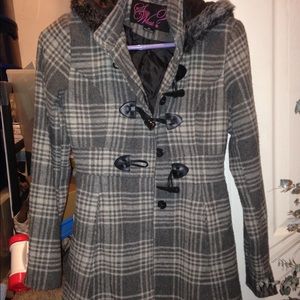 Plaid peacoat style coat w/faux fur trimmed hood