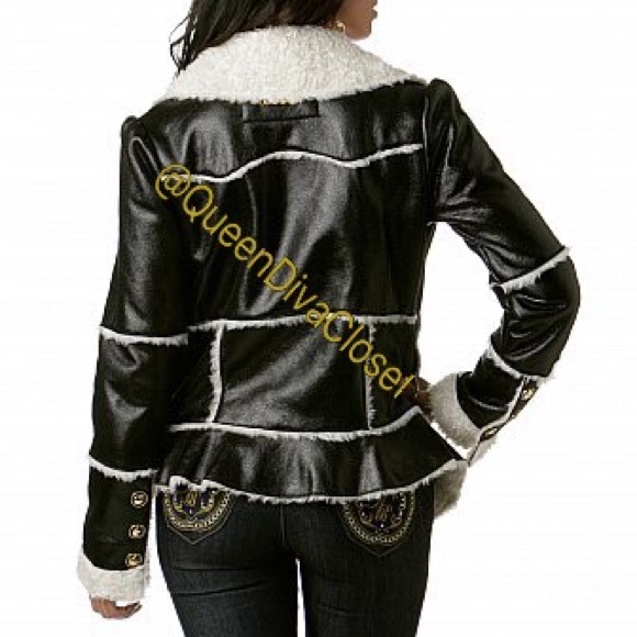 Black Faux shearling imitation leather peplum coat - Picture 2 of 4