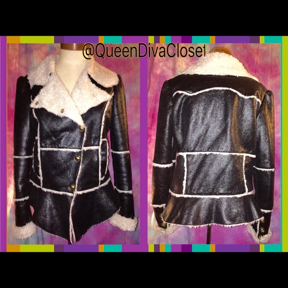 Black Faux shearling imitation leather peplum coat - Picture 3 of 4