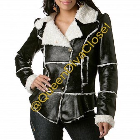 Black Faux shearling imitation leather peplum coat - Picture 4 of 4